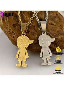 Silver Gold Chain Necklace. Couple Pendant Boy Girl Brothers Family Stainless Steel - Silver 1 Boy - View 6