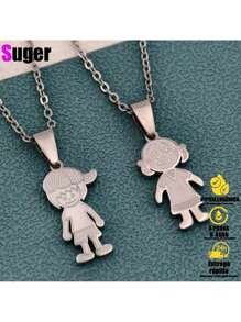 Silver Gold Chain Necklace. Couple Pendant Boy Girl Brothers Family Stainless Steel - Silver 1 Boy - View 4