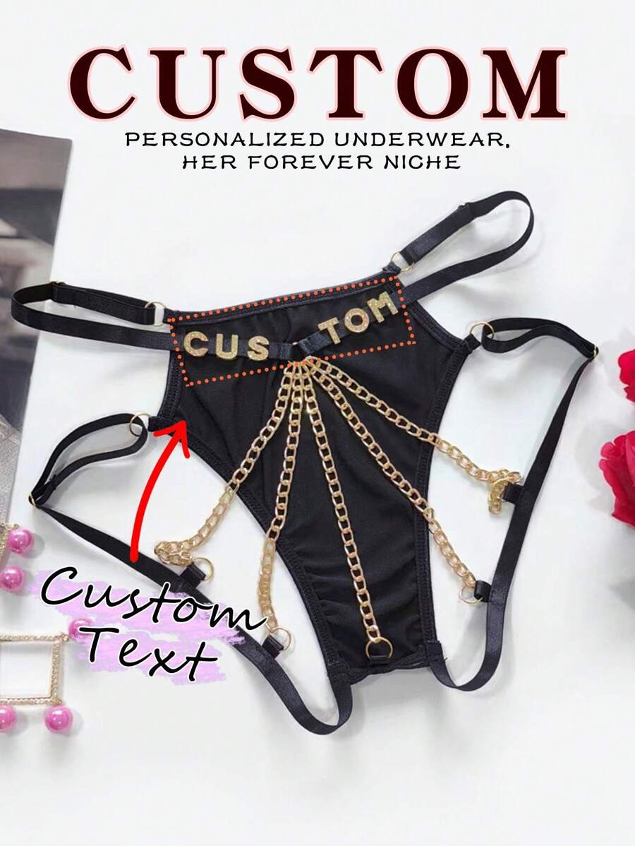 定制性感金属链内衣DIY拼接趣味丁字裤T裤定制任意字母,圣诞服装,圣诞礼物,圣诞快乐,定制圣诞内衣,狂欢 - 黑色 - 查看 1