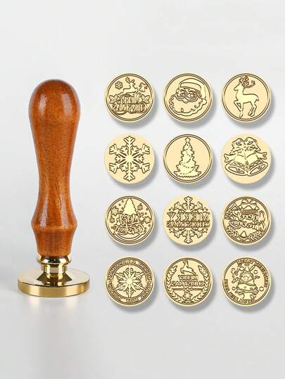 1 Set (Seal Head+Handle) Creative Christmas Wax Seal Stamp, Wood Grain Handle+Brass Seal Head, Very Suitable For Christmas Letters And Greeting Cards