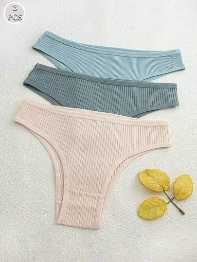 3pcs Women's Multicolor Ribbed Fitted Breathable T-String Panties