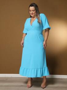 Vestido Longo Plus Size Gola V Grande 48 50 52 Manga Babado - Azul bebê - Visão 7