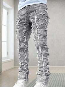 Jeans vaqueros casuales de ajuste slim con efecto desgastado para hombre