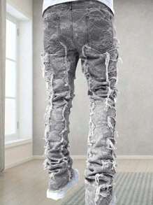 Jeans vaqueros casuales de ajuste slim con efecto desgastado para hombre