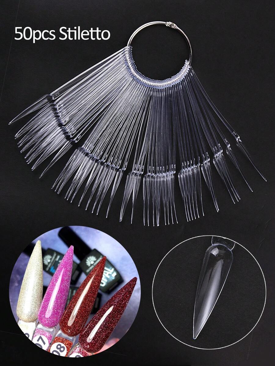 50 Stück klare lange Stiletto Nagel Farbkarten, Falsche Nagel Spitzen, Nagellack Farbgel Palette, abnehmbare Schablonen, Maniküre Form, Nagelzubehör für Salon