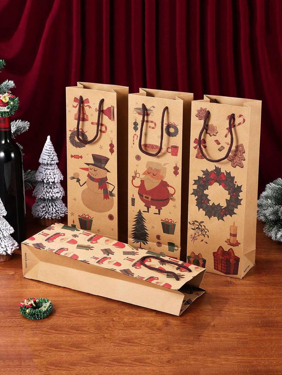 4 piezas Bolsa de regalo de Navidad, Bolsa de papel Kraft con diseño de hombre viejo de dibujos animados para botella de vino tinto, Bolsa para botella de vino de Navidad, Bolsa de papel Kraft grueso para botella de vino, Bolsa de regalo de Navidad de papel Kraft con asa, Bolsa para botella de vino para decoración de mesa de restaurante y hotel, Suministros de decoración navideña