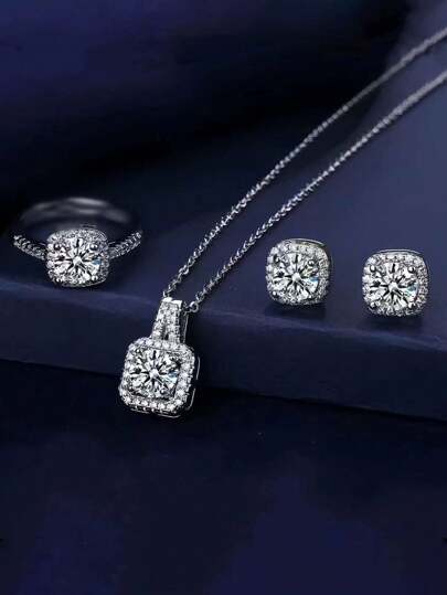 4 件套奢华方形立方氧化锆项链、耳环和戒指套装，适合派对和晚礼服配饰
