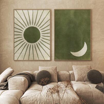 2pcs Set Unframed Green Moon Sun Retro Boho Art Poster Bohemian Abstract Minimalist Vintage Painting Canvas Print Minimalist Wall Picture For Dorm,Living Room,Apartment,Bedroom,Office,Modern Home Decoration