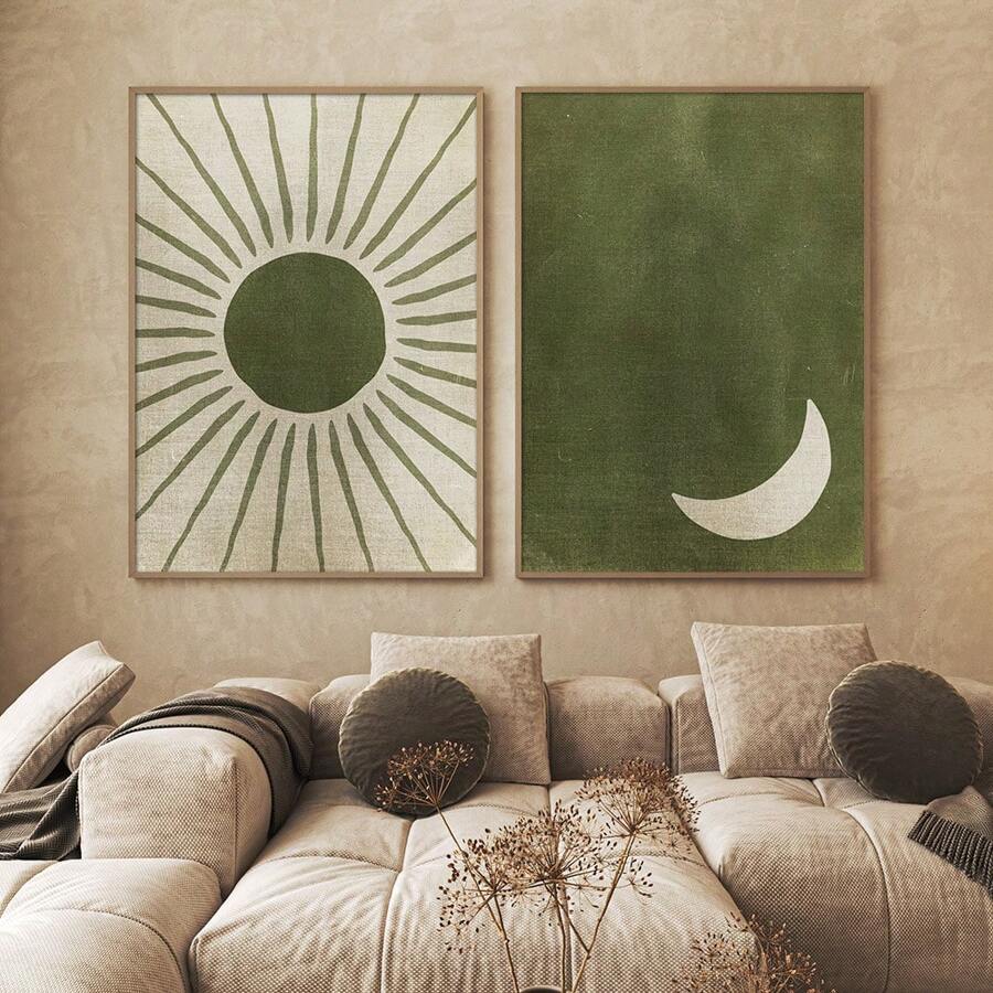 2pcs Set Unframed Green Moon Sun Retro Boho Art Poster Bohemian Abstract Minimalist Vintage Painting Canvas Print Minimalist Wall Picture For Dorm,Living Room,Apartment,Bedroom,Office,Modern Home Decoration - Multicolor - View 1