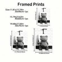 1pc Framed Canvas Wall Art Nordic Style Black And White Bear Bathroom Painting, Funny Animal Print Washroom/Toilet Decoration Wall Artwork, Suitable For Bedroom Living Room,Bathroom Home Office Wall Decor - Ready To Hang