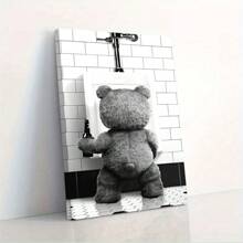 1pc Framed Canvas Wall Art Nordic Style Black And White Bear Bathroom Painting, Funny Animal Print Washroom/Toilet Decoration Wall Artwork, Suitable For Bedroom Living Room,Bathroom Home Office Wall Decor - Ready To Hang