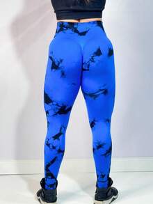 Premium Tie Dye Gym Leggings High Waist Seamless Butt Lifting Polyamide Fashion - 藍色 - 查看 2