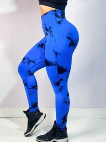 Premium Tie Dye Gym Leggings High Waist Seamless Butt Lifting Polyamide Fashion - 藍色 - 查看 3