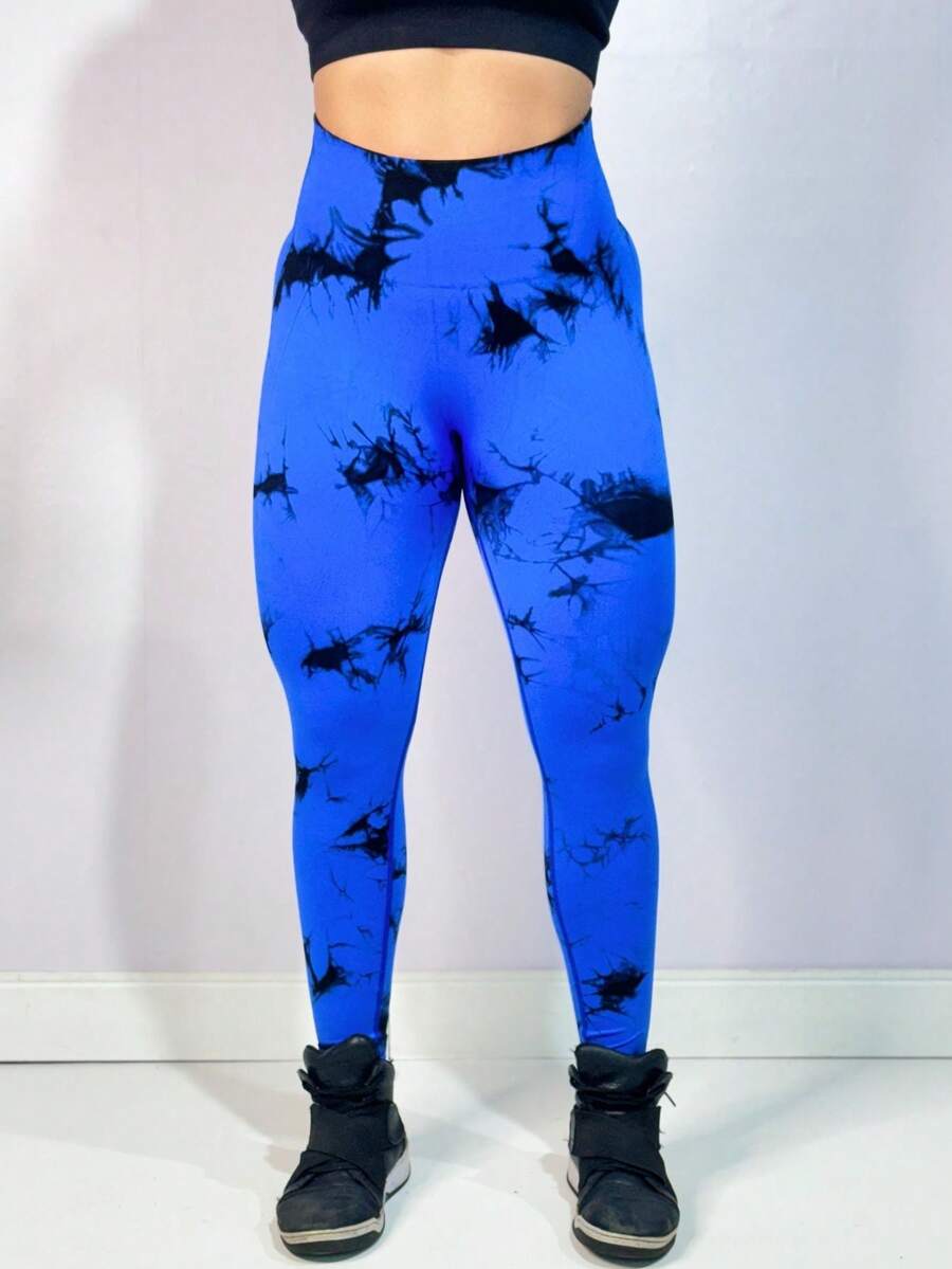 Premium Tie Dye Gym Leggings High Waist Seamless Butt Lifting Polyamide Fashion - 藍色 - 查看 1