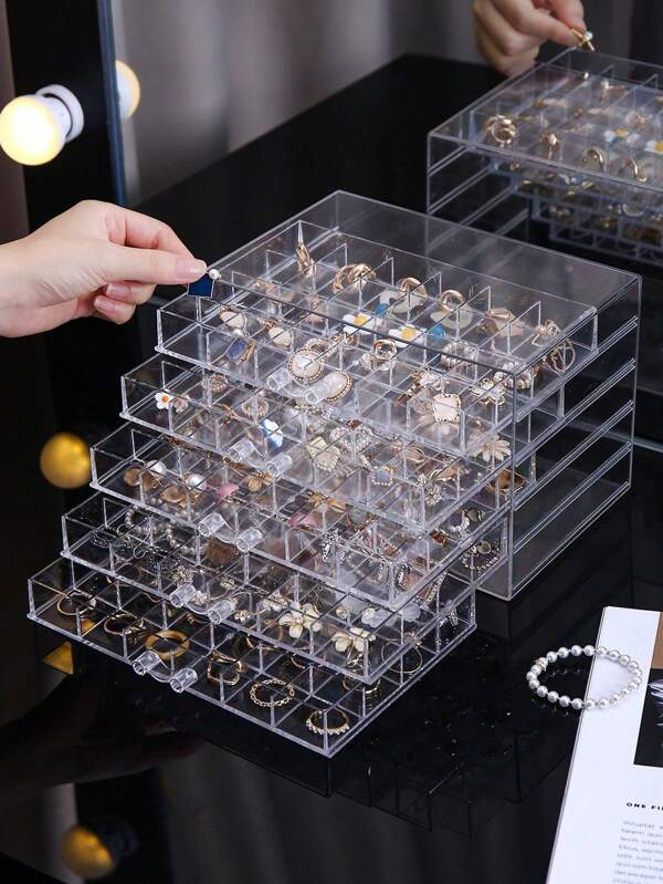 1 pièce Boîte de rangement de bijoux en 3 couches transparente de 72 grilles pour boucles d'oreilles, bagues, colliers et bracelets quotidiens pour femmes. Style tiroir 3 couches 72 grilles amovible grande capacité organisateur de perceuse à ongles et décoration d'ongles