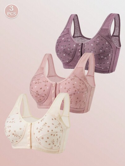 3 piezas Sujetador de cierre frontal suave tipo camiseta para mujeres mayores, lencería cómoda sin aros para tallas grandes