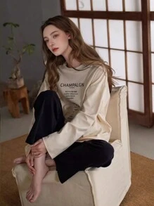 女士春秋季长袖上衣和裤子睡衣套装，标语图案休闲睡衣，两件套，秋冬服装 - 彩色 - 查看 5