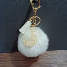 1pc Cute Letter Shaped Zinc Alloy Keychain, Keyring Spring/Summer/Autumn/Winter, Black English Letters & Fuzzy Ball Decor Car Accessories Bag Charm Backpack For School Goth Y2k Christmas Gift Ideas Bag Accessories Lanyards With Id Holder Car Accessories Bag Charms Car Teacher Friend Sister - Black + White - View 11