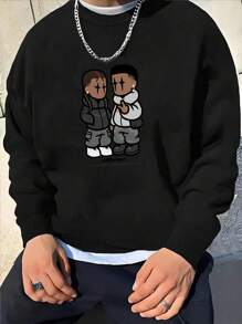 Men's Crew Neck Letter Print Loose Fit Pullover Sweatshirt, For Fall, Long Sleeve Top - Black - View 1