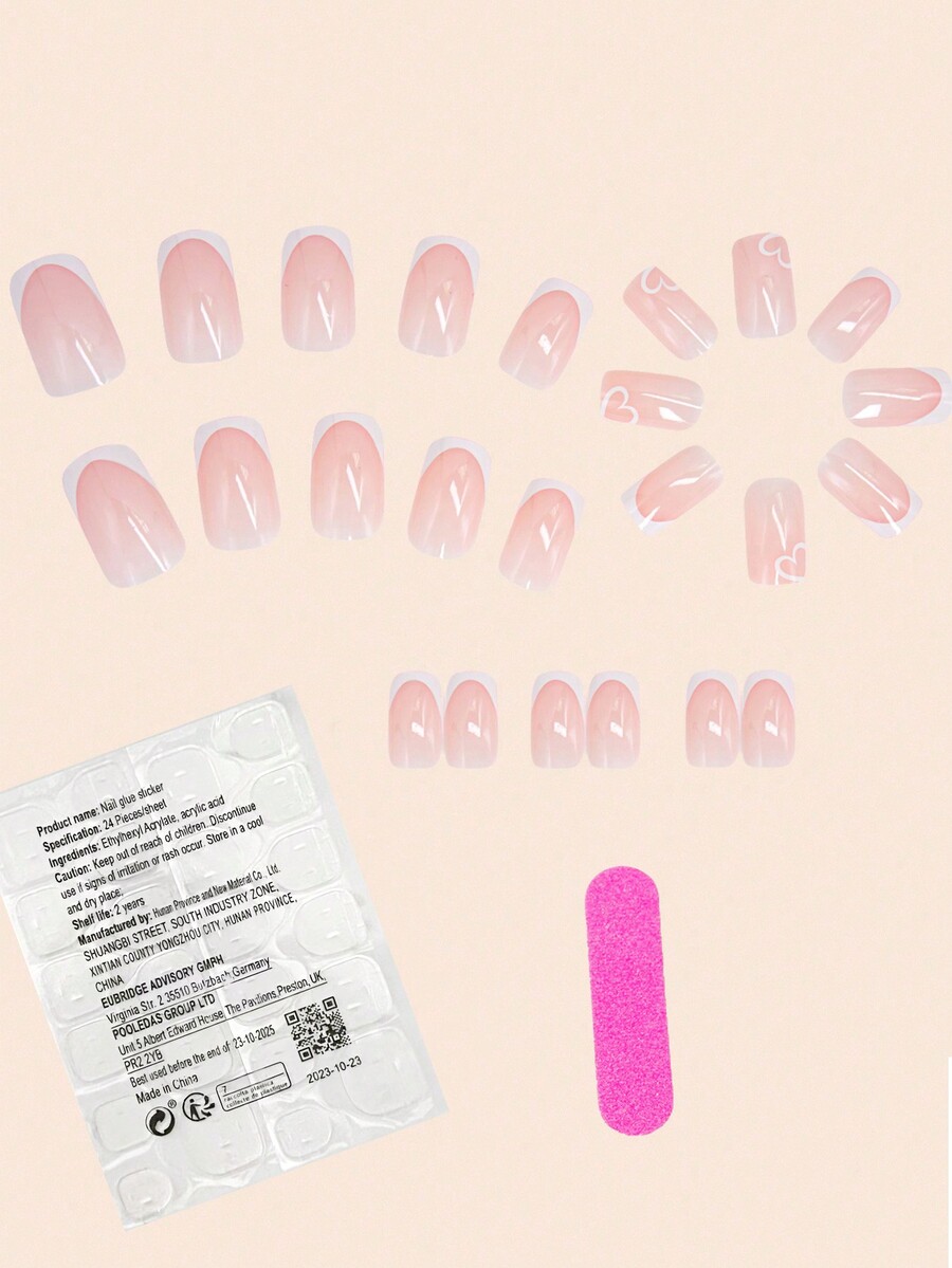 24 pièces Stickers d'ongles français roses courts en forme de cœur avec adhésif à pression, base
