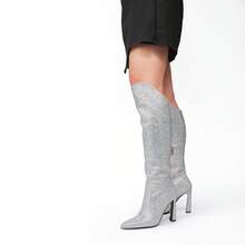 MUCCCUTE Women's Rhinestones High Heel Knee-High Boots Sparkly Pointed-Toe Fashion Tall Boots Side Zipper For Ladies - Silver - View 7