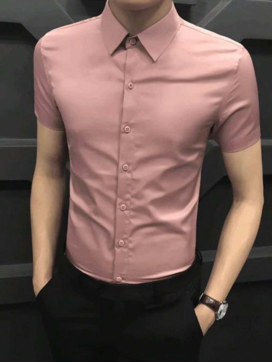 Men's Plain COTTON Short Sleeve Button Down Shirt - 藕粉色 - 查看 1