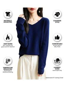 女士毛衣 一字无缝毛衣 女士 V 领毛衣 秋冬长袖柔软针织套头衫