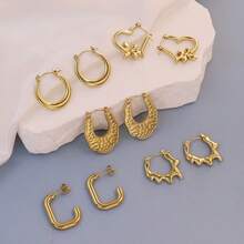 5對簡約不銹鋼圓形/方形/扭結油壓環耳環套裝 - 金色 - 查看 32