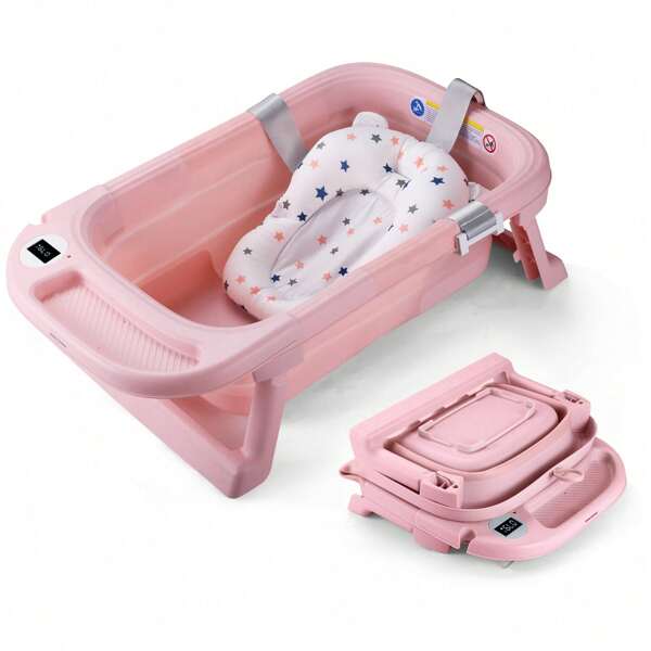 Baby Bath Tub For 0-6-12 Months Newborn, Foldable Toddler Bath With Soft Cushion Pad, Portable Baby Bathtub Travel Save Space
