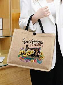 Máquina de coser portátil, Bolso de lona con estampado floral de niña, taza, girasol, hojas verdes, bolso de viaje minimalista, bolsa de cosméticos, bolsa de maquillaje de viaje de gran capacidad, bolso portátil multifuncional - Caqui - Ver 2