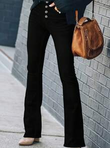 Women's Elastic Flared Jeans, High Waisted Split Flared Pants, Button Fly Denim Pants(The Size Is Slightly Small; It Is Recommended To Order One Size Up.) - 黑色 - 查看 3