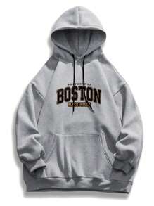 Plus Size Men's Boston English Letter Print Casual Drawstring Hoodie Sweatshirt