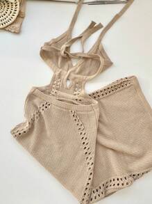 Open Back Midi Dress With Tie Neck Embroidered New Collection Women's Fashion - Màu be - Xem 2