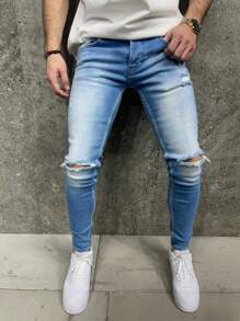 Men's Stretch Skinny Solid Color American Casual Jeans - Blue - View 1