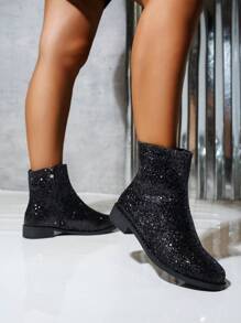 Women's Plus Size Black Sequin Ankle Boots, Round Toe Side Zipper Design Chunky Heel Chelsea Boots, Outdoor Punk Style Short Boots, Autumn/Winter - Black - View 5