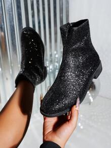 Women's Plus Size Black Sequin Ankle Boots, Round Toe Side Zipper Design Chunky Heel Chelsea Boots, Outdoor Punk Style Short Boots, Autumn/Winter - Black - View 2