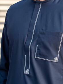 伊斯兰男士长袍 长袖刺绣立领男士传统穆斯林服装 阿拉伯男士宽松长袍 - 藍色 - 查看 3