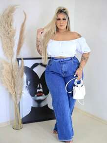 Women's Plus Size Wide Leg Jeans With Belt - Màu xanh lam - Xem 2