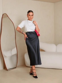 Satin Midi Skirt With Elastic - Black - View 4