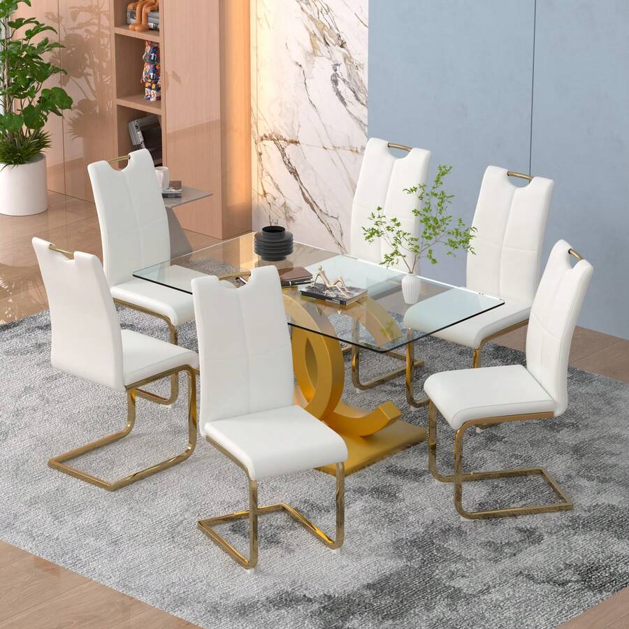 Sumdeal 63" Glass Dining Table With 4 Modern Chairs,Sumdeal 63" Glass Dining Table With 6 Modern Chairs, Golden/Silver - Bàn và 6 ghế màu trắng chân vàng - Xem 1