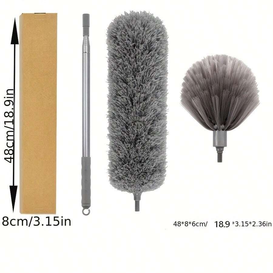 1 Set Expandable 2.4m Feather Duster With Dense And Fluffy Fur, Includes 1 Dusting Brush. Convenient To Take Home For Cleaning Wall Corners, Living Room Lamps And Other Household Cleaning Tasks. Efficient Cleaning Essential For Indoor Cleaning - Grey - View 1