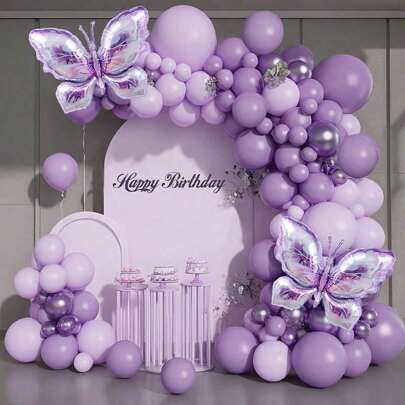 126pcs Purple Latex Balloons - Butterfly Pattern, Suitable For Birthday, Wedding, Groom Gift, Graduation, Anniversary, Christening, Summer Theme Events, Party Backdrop, Home Decor, Valentine's Day And More Occasions