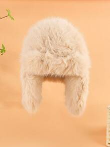 1pc Women's Solid Color Boho Elegant Long Plush Faux Mink Fur Ski Outdoor Cold-Proof Earflap Thick Aviator Hat, Winter - Black - View 5