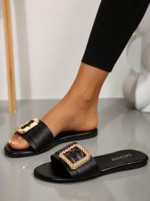 女士一脚蹬拖鞋，黑色方形扣露趾平底休闲夏季拖鞋 - 黑色 - 查看 4