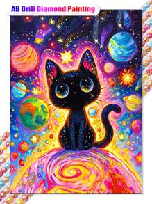 1Set DIY AB Diamond Painting Kit For Adults Beginner, Anime-Themed Round Diamond Embroidery Mosaic Art, Celestial Space Cat Design, Canvas Cross Stitch Set Home Wall Decor