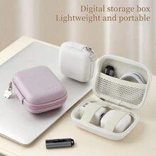 EVA 皮革耳机盒保护盒，防震、防压，适用于充电线、U 盘、U 盾、硬盘。PU 皮革糖果色耐磨耐用小型相机便携包 - 紫色 - 查看 2