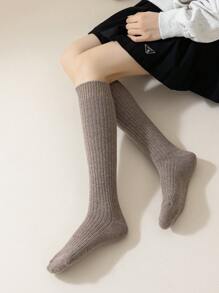 1 双女士纯色双针针织羊毛舒适保暖小腿袜适合居家使用 - 棕色 - 查看 3