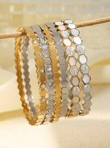 1入精美不銹鋼圓形金色鍍帶嵌鑽石手環，抗褪色無過敏簡約手鍊適用於女性 - 手鐲 - 查看 6