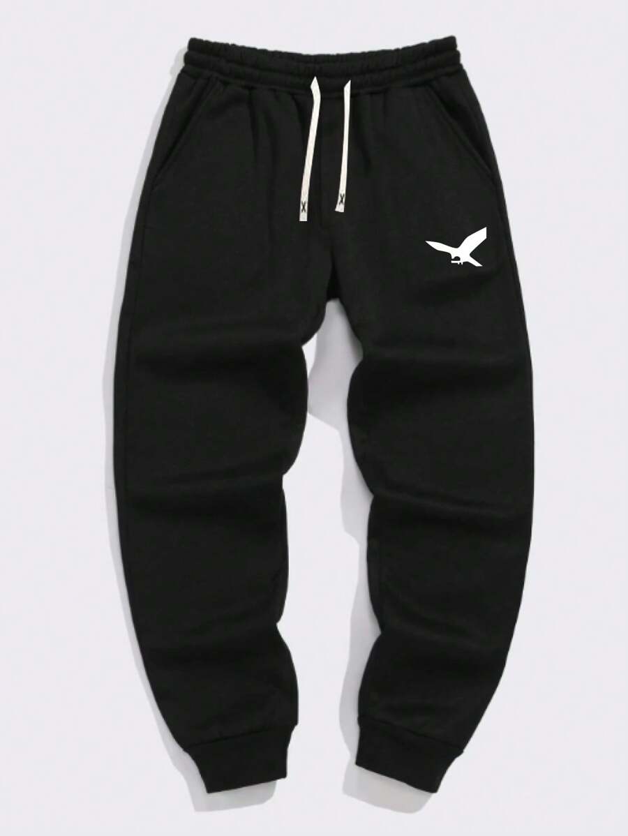 Plus Size Men's Bird Logo Printed Casual Sweatpants - Black - View 1