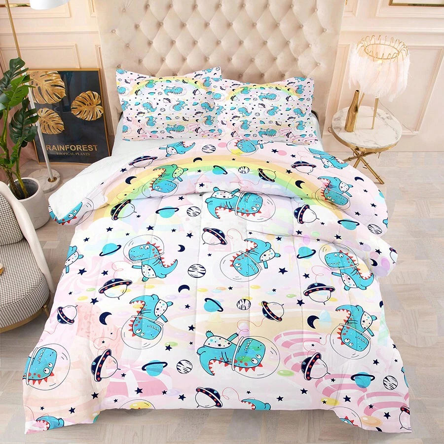 Girls Pink Dinosaur Bedding Twin/Full/Queen Comforter Set For Boys, Kids Toddler Bedding Cute Cartoon Colorful Little Dino Comforter Set All Season - White - View 1